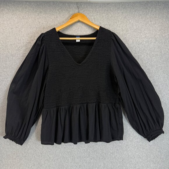 Old Navy Womens Black Smocked Blouse Top V-Neck Long Puff Sleeve Casual Size XXL - Picture 1 of 11
